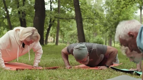 Active Seniors Exercising Together Doing Pushups in Park