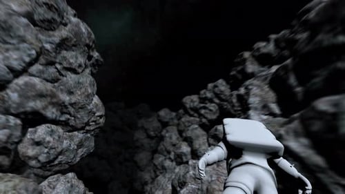 Astronaut Drifting Through a Dark Space Asteroid Field