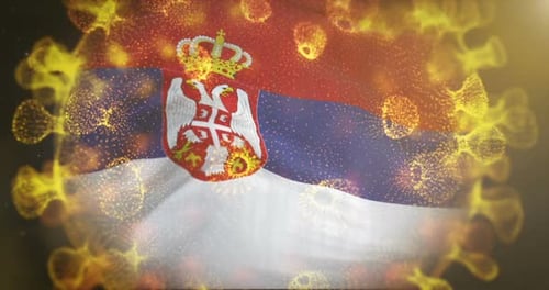 Serbia Flag With Coronavirus Microbe Centered