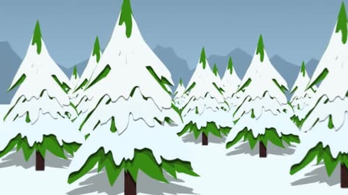 Paisagem de inverno com as árvores de Natal e montanhas no horizonte.