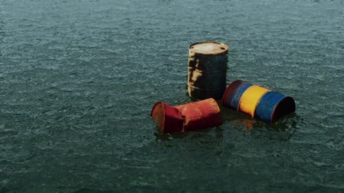 Industrial Barrels Thrown Into the Lake for Garbage and Make a Pollution