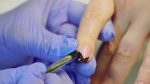 close-up of a manicurist paints a black French on the client's nails with a brush.