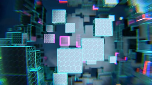 Les
cubes abstraits avec des lignes au néon pivotent et changent de taille. Animation fluide.