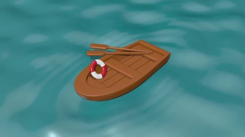 Minimalist 3D Cartoon Rowboat Floating on Blue Water