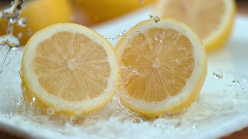 Water Splashing onto Two Fresh Lemon Halves