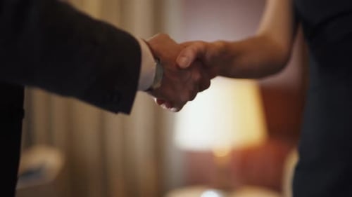 Hiring Man in a Suit a Businessman Shaking Hands with a Woman Colleague a Handshake in the Hotel