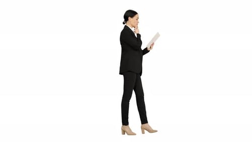 Woman with Tablet Walking on White Background