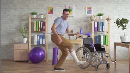 Enthusiastic Man Rocks Out with Crutch