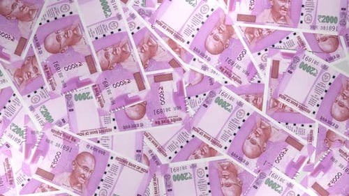 Animated Indian Rupee 2000 Banknotes Swirling Motion Background