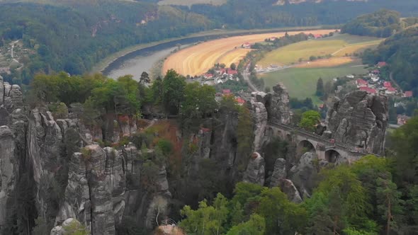 Aerial View Of Saxon Switzerland Bastei Bridge Bad Schandau Germany aerial-view-of-saxon-switzerland-bastei-bridge-bad-schandau-germany