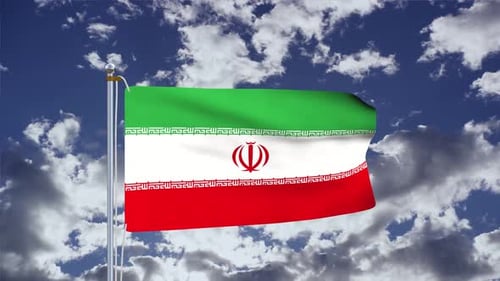 Realistic Flag of Iran Waving in Wind Against Cloudy Sky