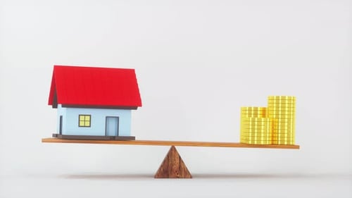 Animated House and Gold Coins Balancing on Seesaw