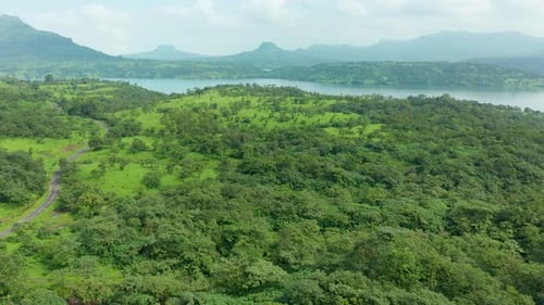 Flying over a meandering forest road towards the big water body by the mountains in monsoon