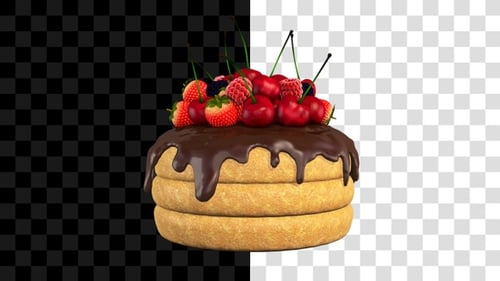 3D Cake Animation with Dripping Chocolate and Fresh Berries