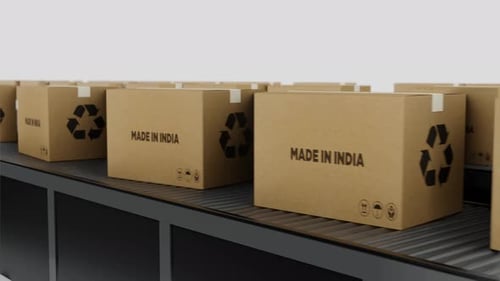 Boxes with MADE IN india Text on Conveyor