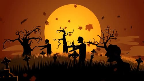 Zombie walking on the haunted, graveyard with dark silhouettes of spooky trees