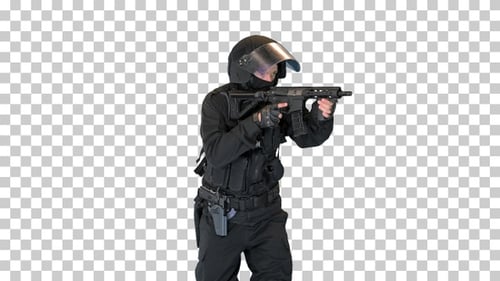 Spec ops soldier in black uniform aiming with rifle, Alpha Channel