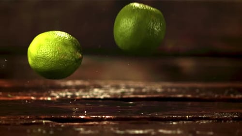 A Super Slow Motion Pile of Fresh Lime Falls on the Table