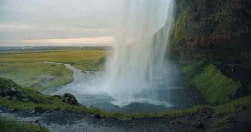 Close Up of Beautiful Seljalandfoss Waterfall By Sunset Iceland