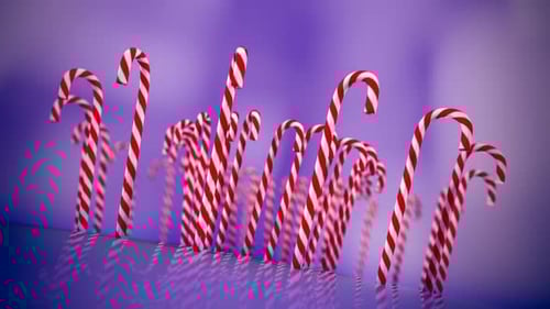 Animated Christmas Candy Canes Swaying on Purple Reflected Surface