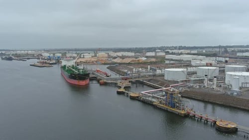 Aerial View Tanker Ship Oil Ship Operation During Petroleum Transfer