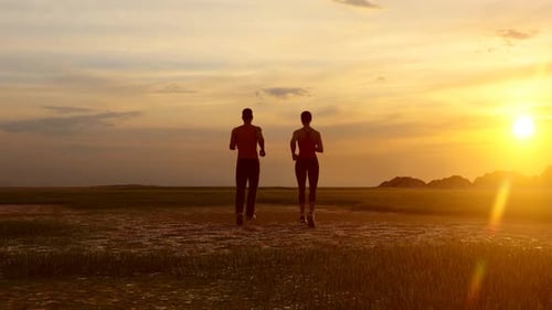 Animated Couple Running at Sunset Through a Grassy Field