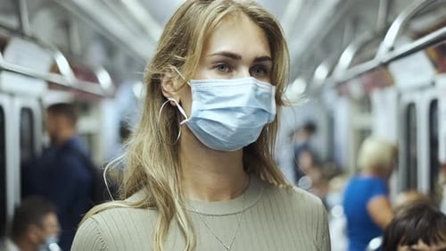 Passenger Mask Commute Carriage Metro Corona Virus. Crowd Train People Covid-19