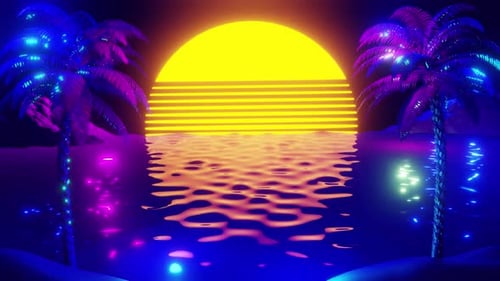 Vaporwave Style Neon Sunset Beach Background Animation