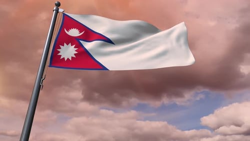 Nepal Flag Waving in Wind with Dramatic Cloudy Sky