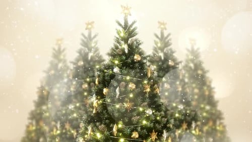 Sparkling Christmas Trees with Golden Ornaments and Falling Snow Background