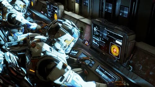 Futuristic Astronauts Operating Control Panel in Space Station