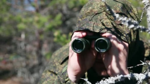 Camouflaged Man Looks Through Binoculars in Forest