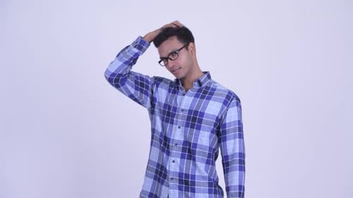 Pensive Man Thinking and Gesturing on White Background