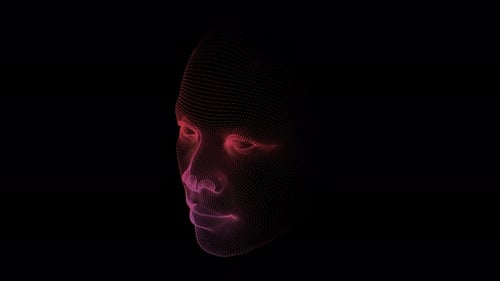 Das Erscheinungsbild eines Hologramms des Gesichts einer Person vor einem schwarzen Hintergrund