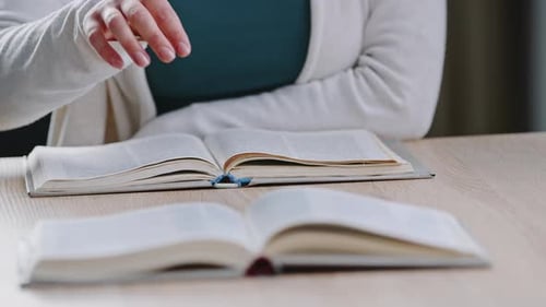 Closeup Unrecognizable Woman Student Caucasian Unknown Girl Sitting at Table University Home Reads