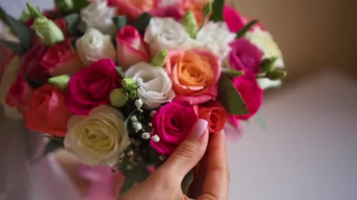 Woman's Hand Touches Bridal Bouquet of Colorful Roses