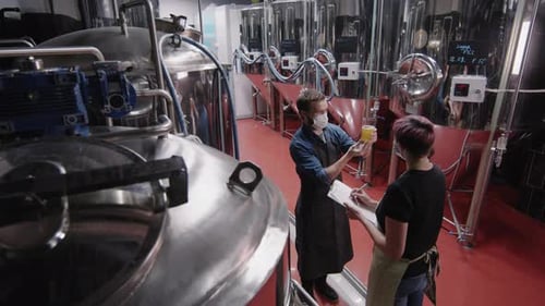 Brauereiarbeiter untersuchen Bierprobe