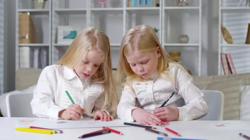 Two Girls Drawing Together at Home, Creative Activity