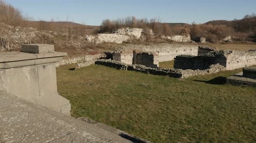 GAMZIGRAD, SERBIA - DECEMBER 25, 2017 Slow tilt on temple ruins of Felix Romuliana built by Roman E