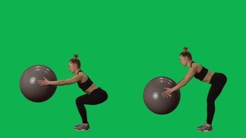 Women Exercising Doing Squats on Green Screen