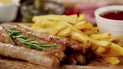 Grilled Sausages with Golden French Fries Close-Up