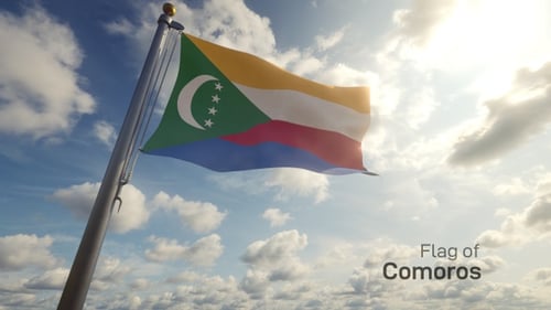 Realistic Comoros Flag Waving Against a Dynamic Sky Background