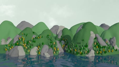 Animated Geometric Nature Landscape with Rippling Water
