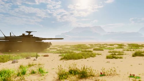 Military Tank Fires Cannon in Desert Landscape