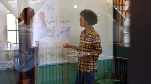 Business people discussing over chart in a modern office 4k