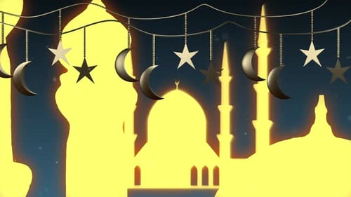 Ramadan Kareem Islamic Greeting with Mosque and Crescent Moon Reveal