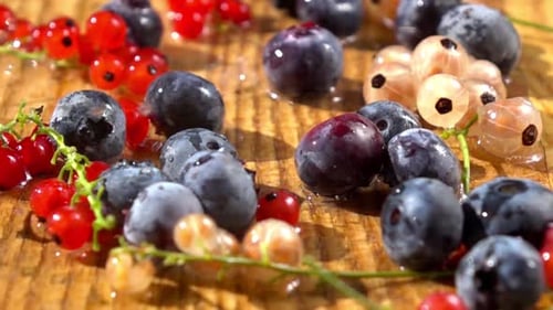 Fresh Blueberries and Currants Being Sprinkled with Water