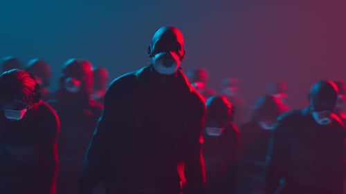 Futuristic People in Medical Masks Walking Through Fog