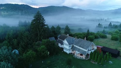 Rural Landscape with Mountains and Fog Aerial View