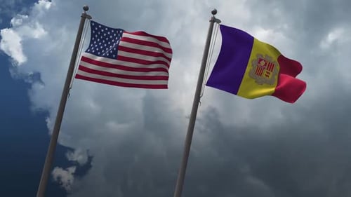United States and Andorra Flags Waving Against Cloudy Sky